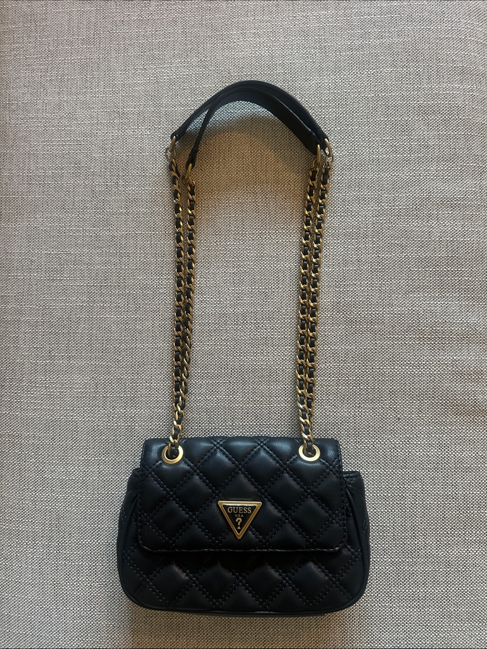 Guess Giully Mini Convertible Black Quilted Crossbody Bag with Gold Chain